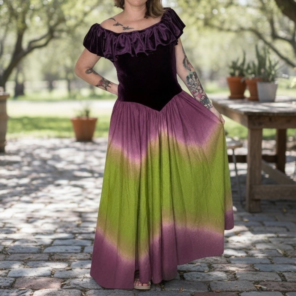 Beautiful Velvet And Ombré Off Shoulder Ruffle A-Line Maxi Dress